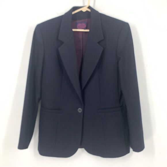 Vintage Villager Navy Blue Classic Fit One Button Tailored Wool Blazer Size 10 - Picture 1 of 10